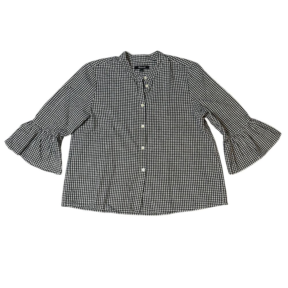 Madewell Black/White Gingham, Flared 3/4 Sleeves, Linen, Button Down Blouse- S